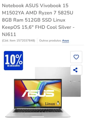 Notebook ASUS VIVOBOOK 15 M1502YA AMD RYZEN 7 5825U 8G RAM 512GB SSD