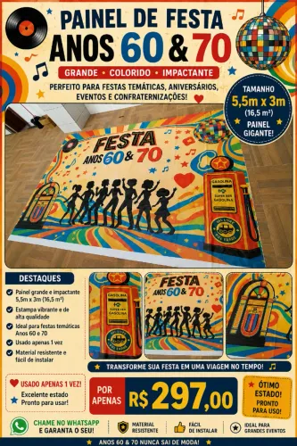 Painel de Festa Anos 60 e 70 Gigante 5,5m x 3m - Usado 1 Vez