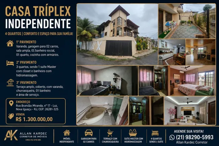 Vendo casa tríplex, 04 quartos. Bairro: Luz, Nova Iguaçu/RJ
