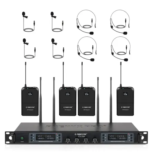 Sistema Quádruplo de Microfone Sem Fio Headset e Lapela ( UHF com Auto-Scan )