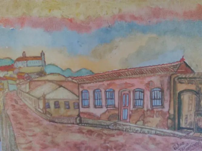 Pinturas em papel e em telas.