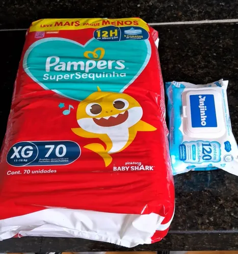 Fralda Pampers SuperSequinha XG (70 un) + Toalhas Umedecidas Anjinho (120 un)