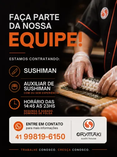 Vaga de Emprego - Sushiman ou Auxiliar de Sushiman | Restaurante Japonês no Bacacheri