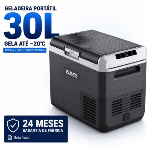 Geladeira Portátil Elber Day2Day D30 Dark 30L 12V 24V Fonte 110V 220V Bluetooth Caminhão M