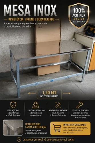 Mesa Bancada Multifuncional Inox 1,20m