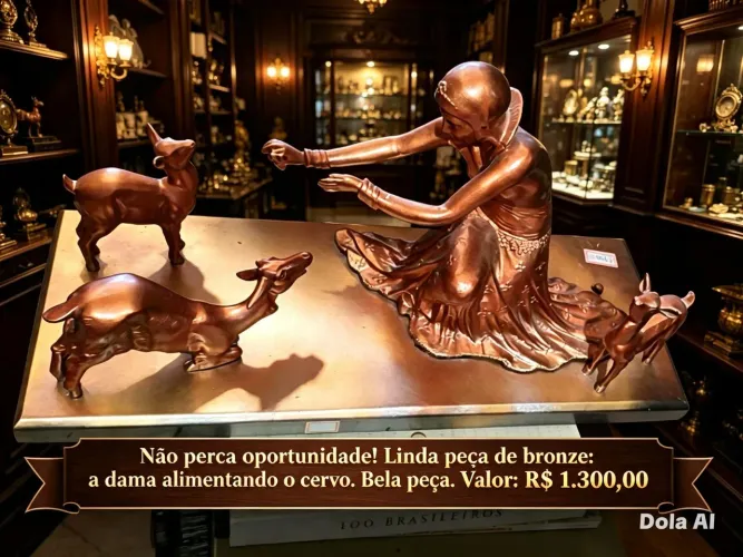 Linda escultura a dama alimentando o servo em bronze