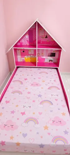Cama Infatil Casinha Proteção Lateral e Cabeceira Casinha + Colchão 