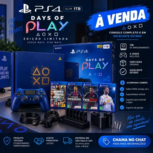 PS4 Slim 1TB Days of Play Edição Limitada + 5 Jogos