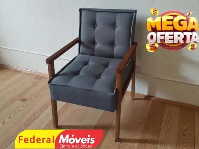 Poltrona Em Linho Bege e Cinza Detalhes Madeira - Promoção Por Tempo Limitado!
