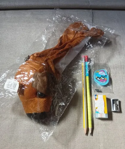 Kit escolar estojo cachorro, lápis, borrachas e apontador
