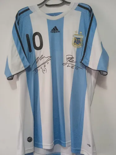 Camisa Argentina Eliminatórias Copa 10 #10 Messi Autografada Messi & Maradona Certificada