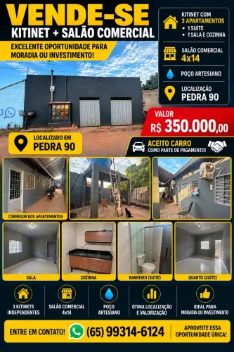 ? VENDE-SE - PEDRA 90! Kitinet + Salão comercial