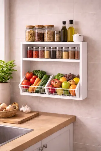 Prateleira Organizadora de Parede 60x50x20 com Cestos | Cozinha Moderna