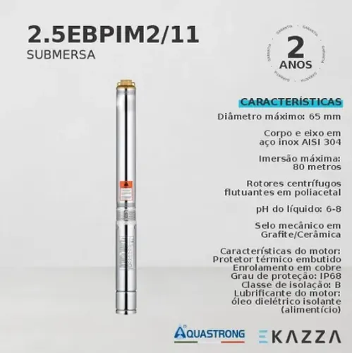 Motobomba Submersa Multiestágio 2,5'' 1/3 HP 2/11 Aquastrong - Temos outras capacidades