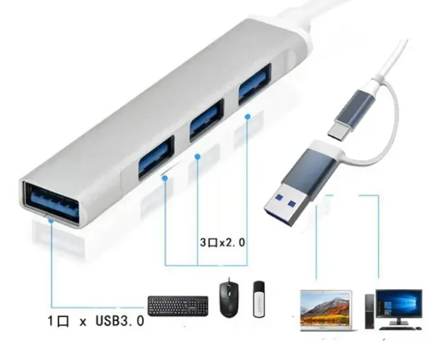 Hub USB 3.0-2.0-Alta velocidade-Leve e compacto-4 portas com adaptador OTG