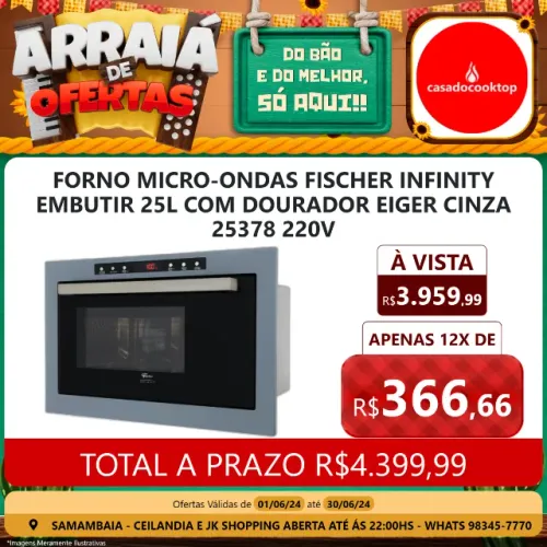 Forno micro-ondas fischer infinity embutir 25l com dourador eiger cinza