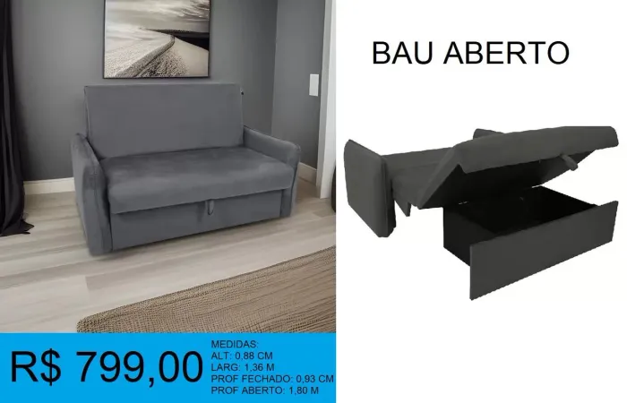 Sofá-cama cinza com baú aberto