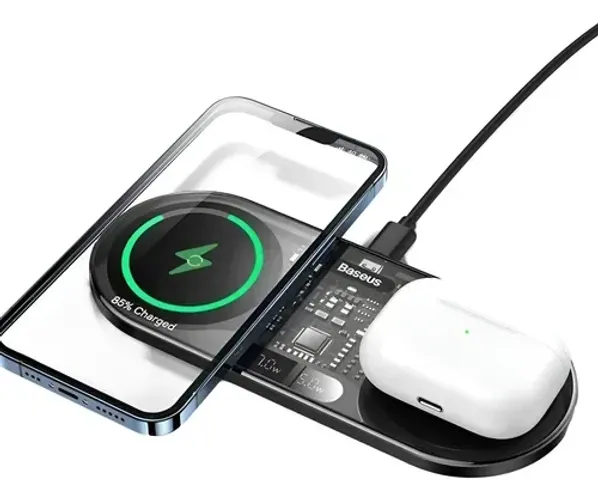 Carregador Rápido Sem Fio 20w 2x1 Para Smartphone E Fone Preto