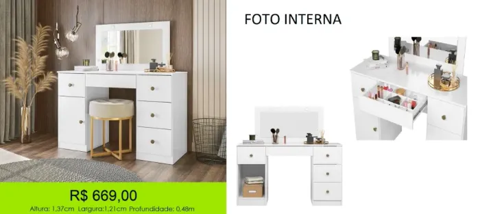 Penteadeira 4 Gavetas com led incluso - Uma perfeição em design