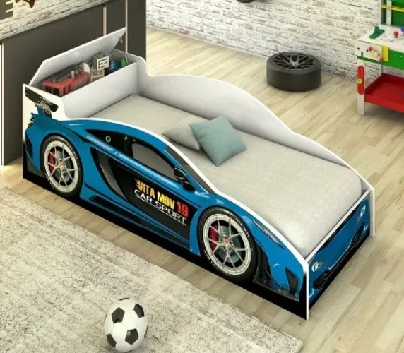 Mini Cama Carro Infantil Com Colchão E Baú Para Menino