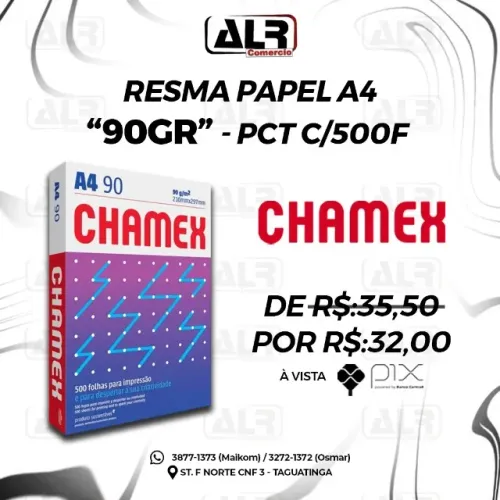 RESMA DE PAPEL SULFITE BRANCO 90GR PACOTE COM 500 FOLHAS CHAMEX