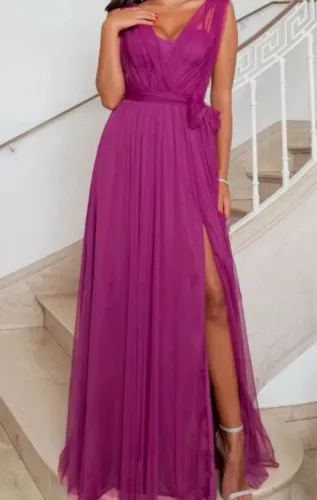 Vestido de festa longo Fucsia com fenda - G