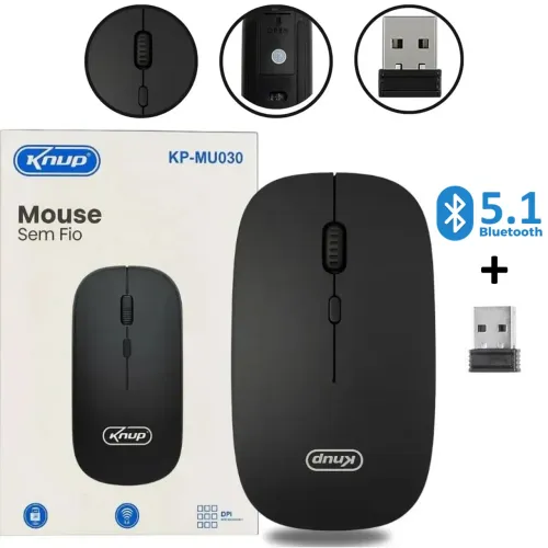 Mouse Óptico Sem Fio Bluetooth + USB, 1600 DPI, 4 Botões, Preto - Knup  em São Luís ma