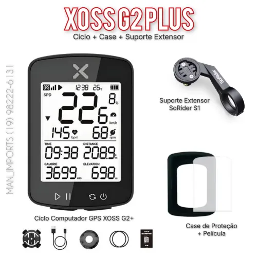Kit Xoss G2 Plus - Ciclo GPS, Suporte Extensor, Case e Película 