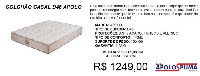 Colchão Casal D45 Apolo Puma com 20 cm de altura - Entrega GRÁTIS 