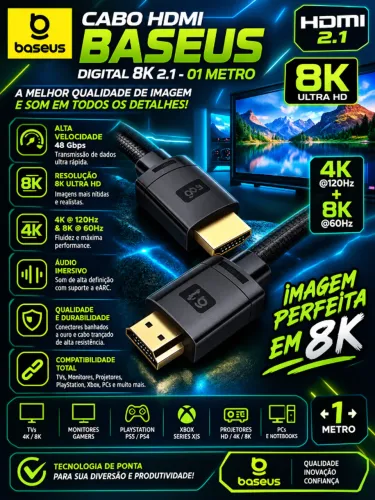Cabo HDMI BASEUS 01 Metro Digital 8K 2.1 Velocidade 48 Gbps 4K @ 120Hz & 8K @ 60Hz