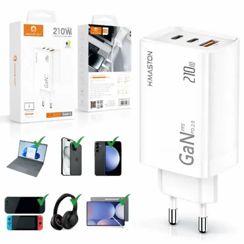 Carregador Turbo H'Maston GAN10 210W GaN 2 USB-C PD 3.0 + USB-A Notebook Celular Bivolt po