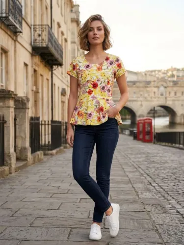 Blusinha feminina amarela floral peplum