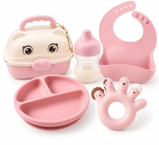 Kit Alimentação Infantil Rosa 5 Peças com Prato, Copo, Babador, Lancheira e Mordedor