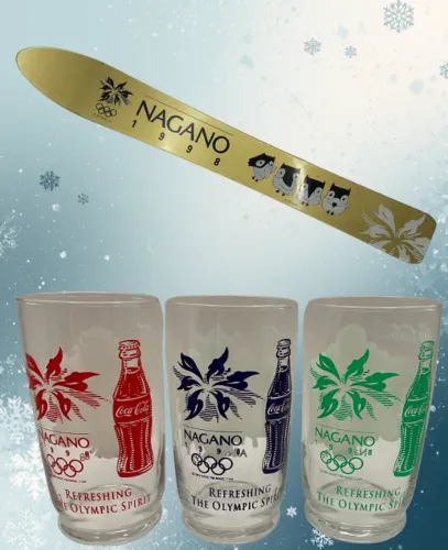 KIT OLIMPIADAS DO JAPÃO 1998(3 COPOS DE VIDRO+ 1 ENFEITE)+1 BRINDE