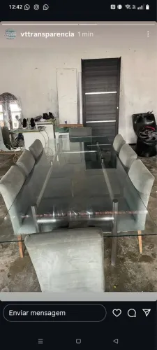 Mesa 2,60x1,1 vidro 10 mm temperado com 8 cadeiras estofadas