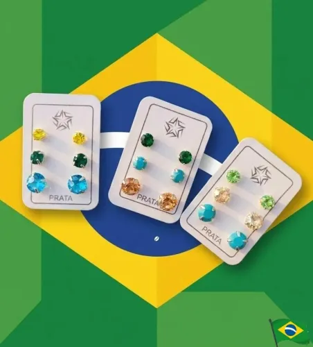 Trio de brincos Brasil Prata 925 legítima