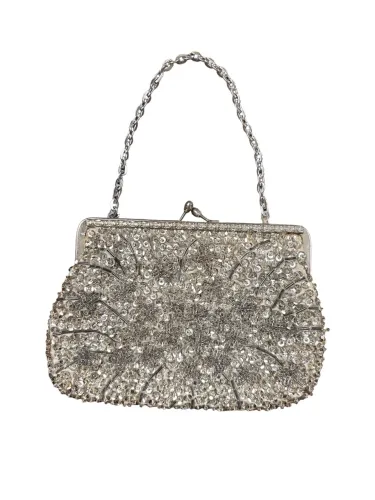 Bolsa Vintage Bordada à Mão Prata com CGC Antiga Pedraria