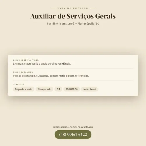 Auxiliar de Serviços Gerais - Jurerê (meio período, CLT)