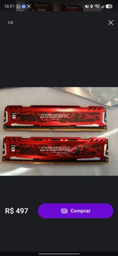 Memória Ballistix Sport LT 16GB (2x8GB) 2400Mhz DDR4 CL16