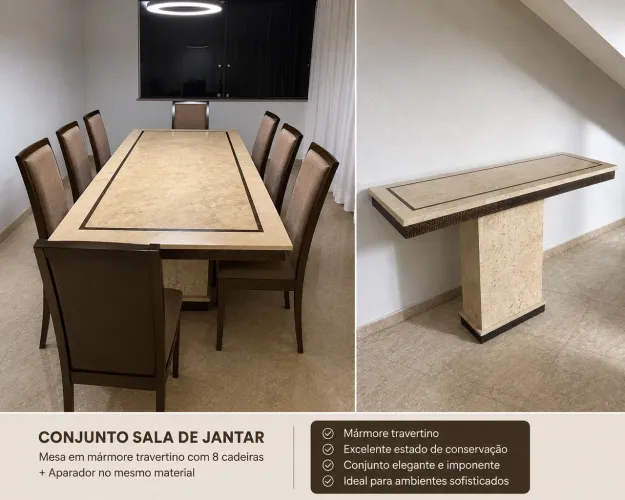 Mesa de jantar em mármore travertino com 8 cadeiras + aparador 