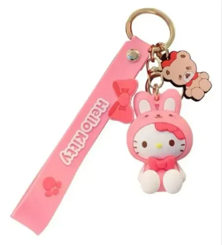 Chaveiro Hello Kitty Coelho, 3d, 5cm X 3cm, Com Alça Rosa Com Detalhes Brancos