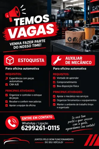 Vaga de emprego- estoquista e auxiliar de mecânico