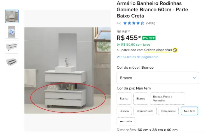 Armário Banheiro Rodinhas Gabinete Branco 60cm - Parte Baixo Creta