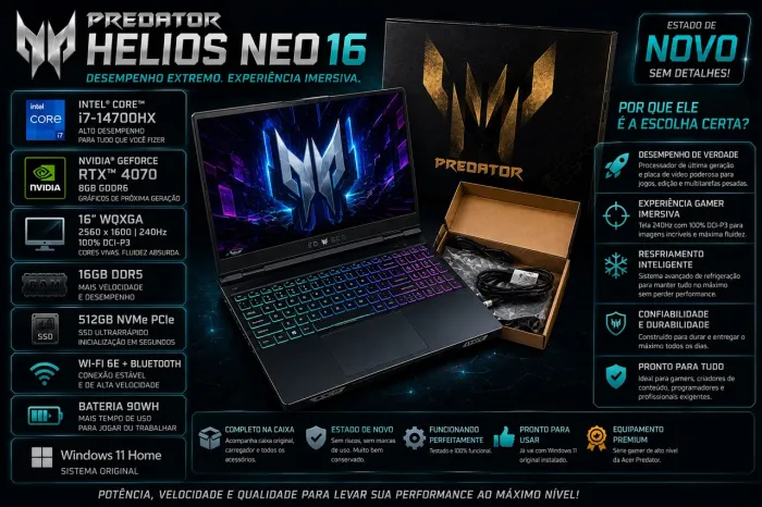 Acer Predator Helios Neo 16 | i7-14700HX | RTX 4070 | 16GB DDR5 | Tela 240Hz