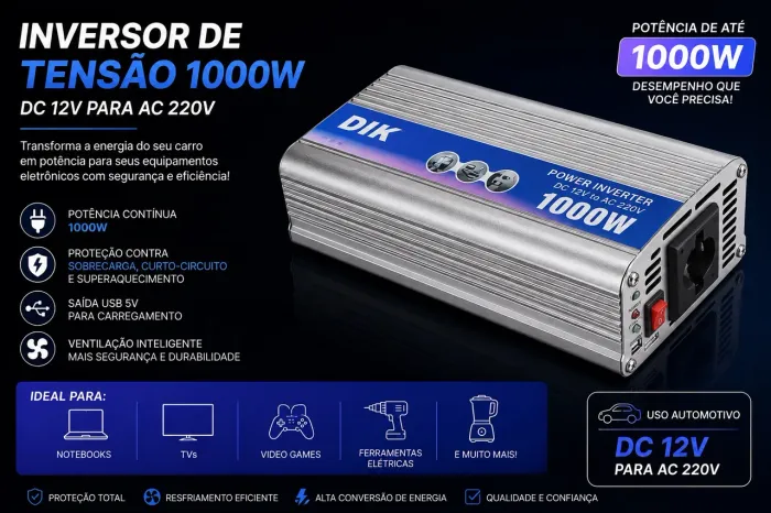 Inversor de Tensão DIK 1000W - 12V para 220V