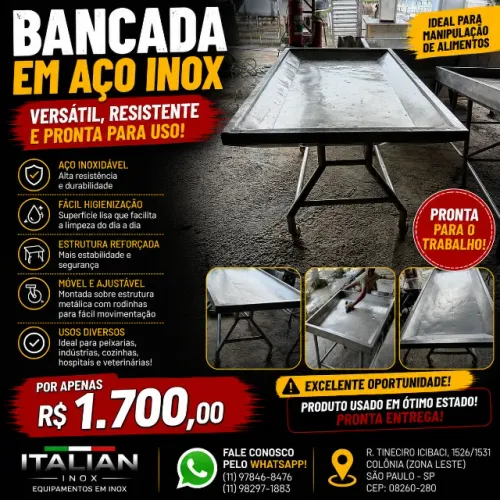 Bancada Aço Inox 304 Reforçado e Ajustável - 2 X 1,10m - Ideal para alimentos/ veterinário