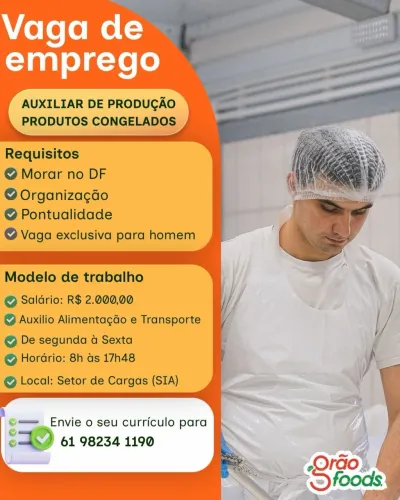 Vaga de auxiliar de produção - Segunda a sexta - Somente para homem.