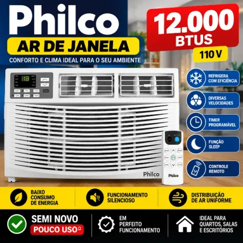 Ar-condicionado de janela Philco 12.000 BTUs, digital, com controle remoto.