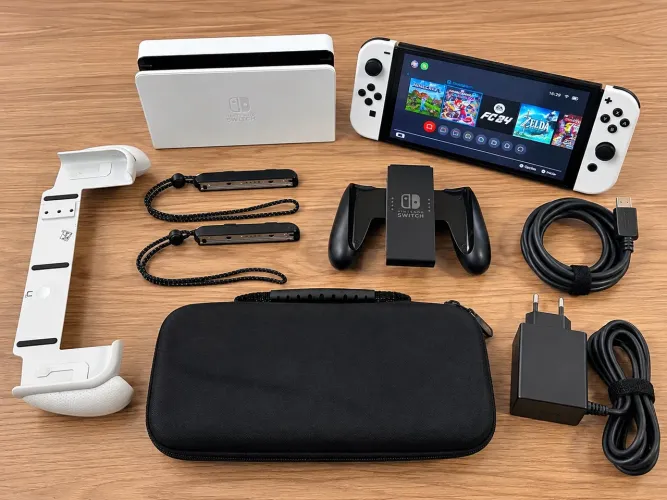 Nintendo Switch OLED Branco - Completo + Acessórios + Case