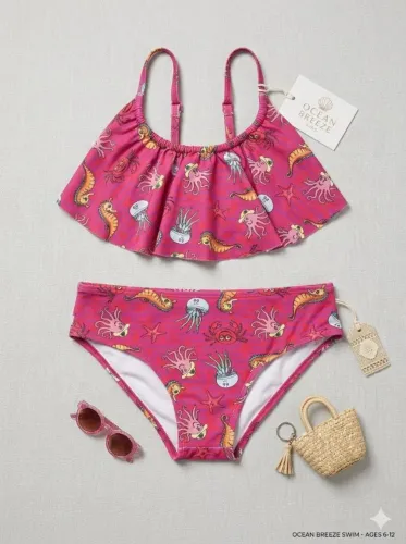 Biquíni Infantil Rosa Estampa Fundo Do Mar Com Babado - Tam 8 - 10 anos